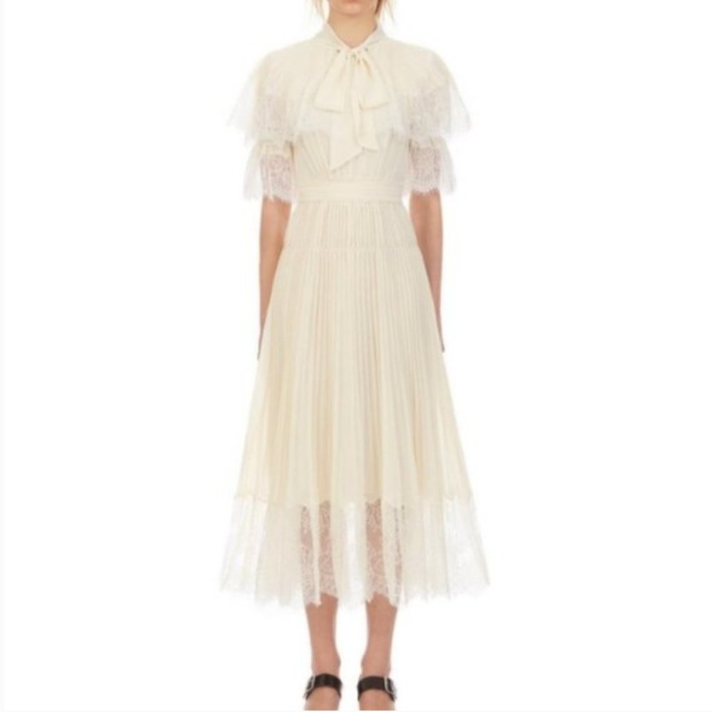 Self Portrait: CREAM CHIFFON TIERED MIDI DRESS
